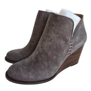 Lucky Brand Wedge Booties Gray Distressed Leather Ankle Boots Yimme Side Zip